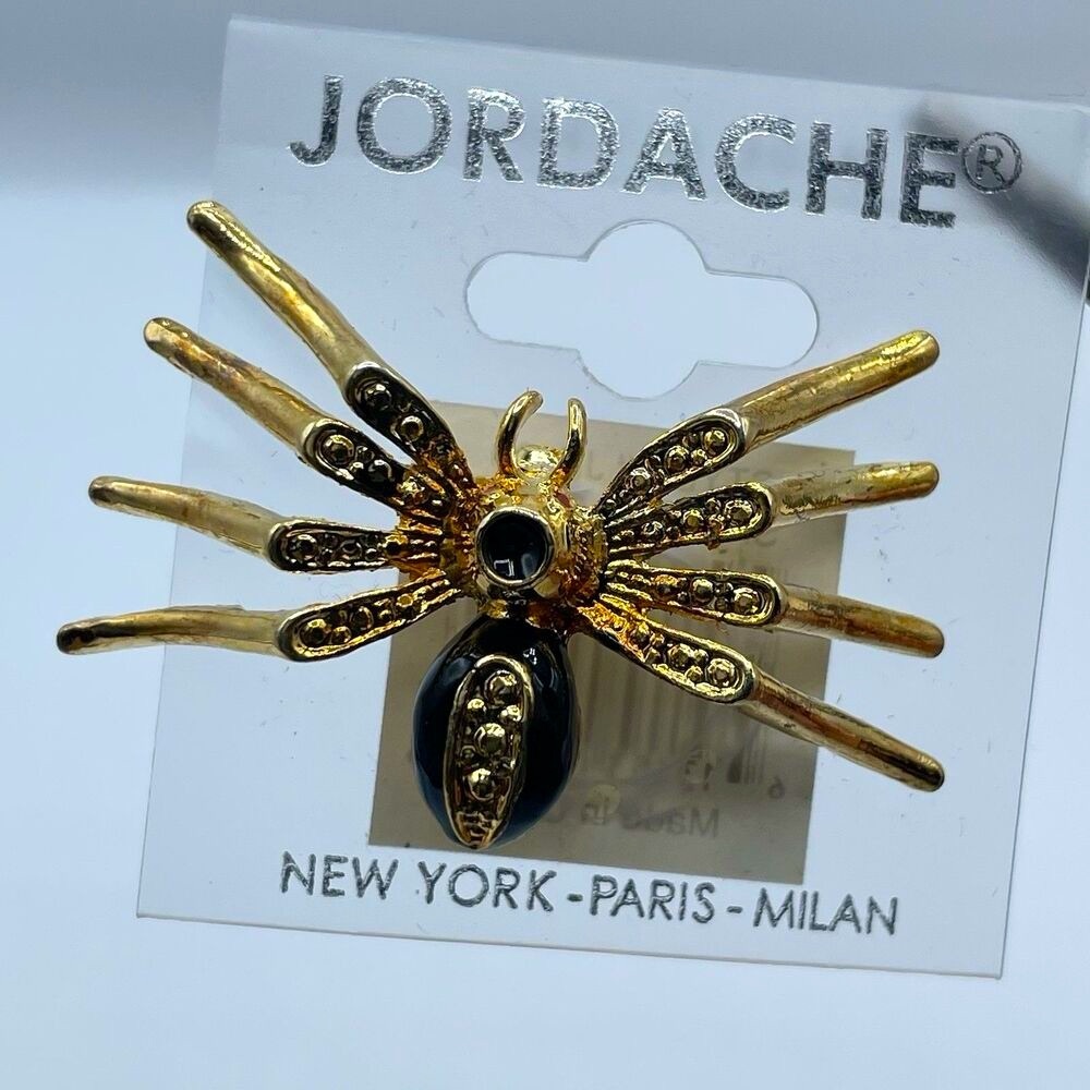 Vintage Jordache Gold Tone Black Enamel Spider Brooch Pin Statement Classic